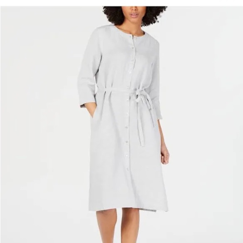 Eileen Fisher Organic Linen Belted Midi Shirtdress in Pearl Metallic w Pockets